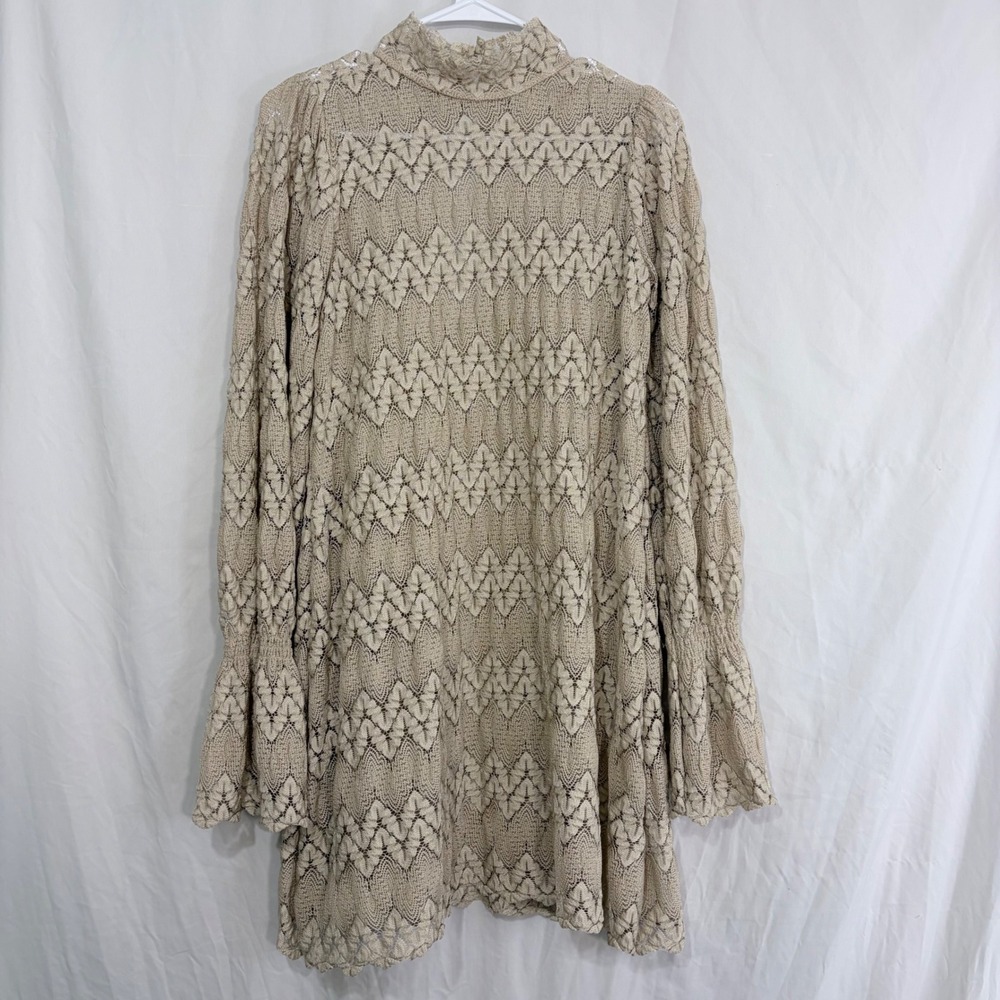 Free‎ People Mini Dress Pointelle Knit Tan Bell Sleeve Mock Neck XS